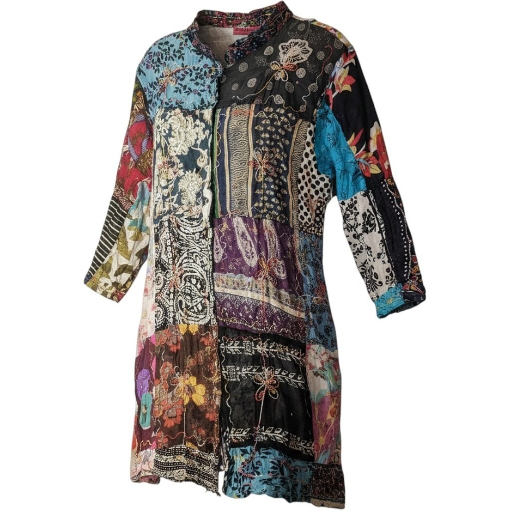 Jazdazz Womens Affair Patchwork Tunic Top Cotton Boho Embroidered Multi Color OS